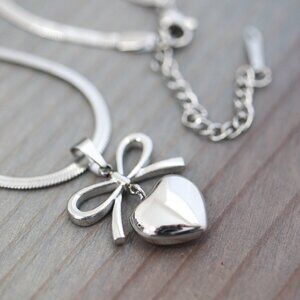 Heart with Bow Style Pendant Herringbone Chain Necklace Silver Stainless Steel